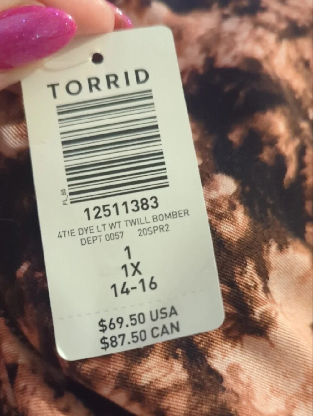 TORRID Pink & Black Tie-Dye Bomber Jacket with Stripe Trim 1X (14-16) NWT